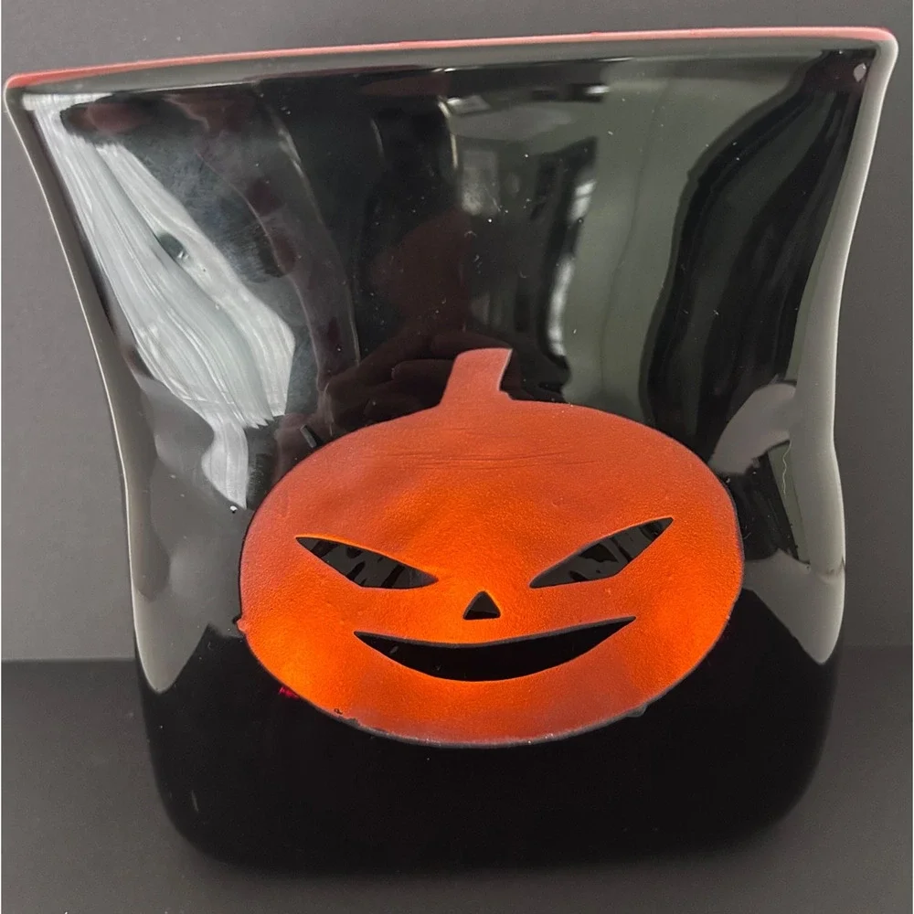 Spooky Oxblood Red Glowing Cut Glass Pumpkin Face Tea Lite Vase Halloween Italy